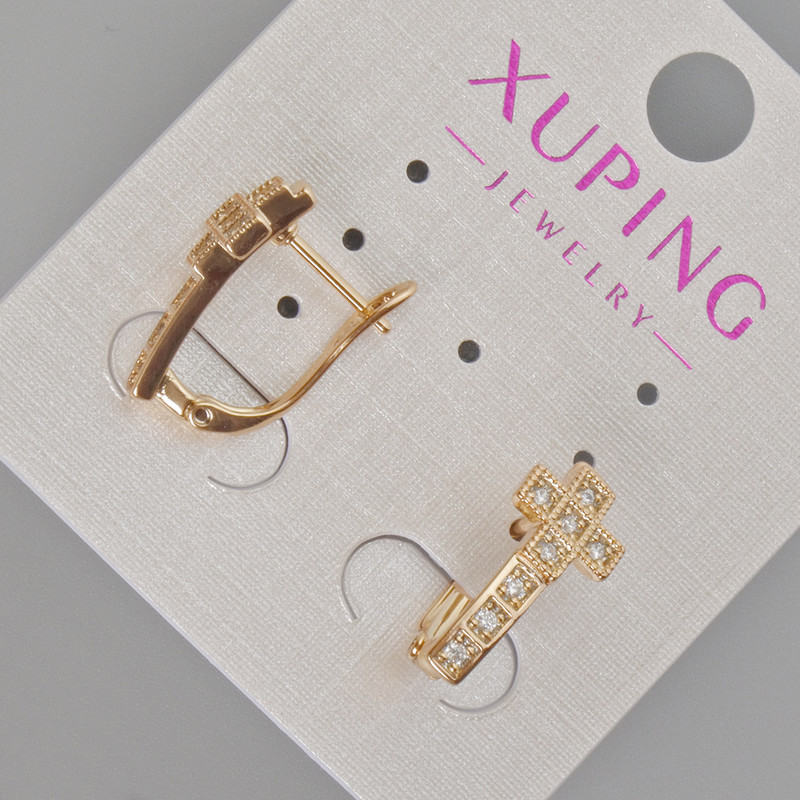 Сережки Xuping "Хрест" з білими стразами, діаметр 17х8мм+- Позолота 18К