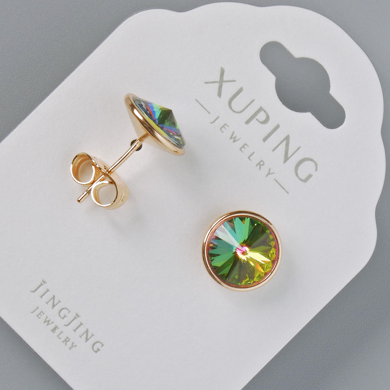 Сережки пусети Xuping з кристалами Swarovski колір зелений та рожевий хамелеон, діаметр 10мм позолота 18К