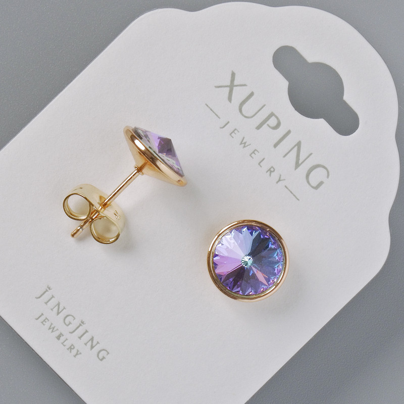 Сережки пусети Xuping з кристалами Swarovski колір фіолетовий та блакитний хамелеон, діаметр 10мм позолота 18К