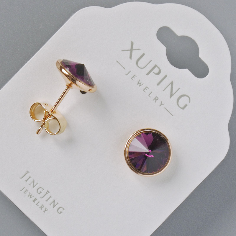 Сережки пусети Xuping з кристалами Swarovski колір бордовий, діаметр 10мм позолота 18К