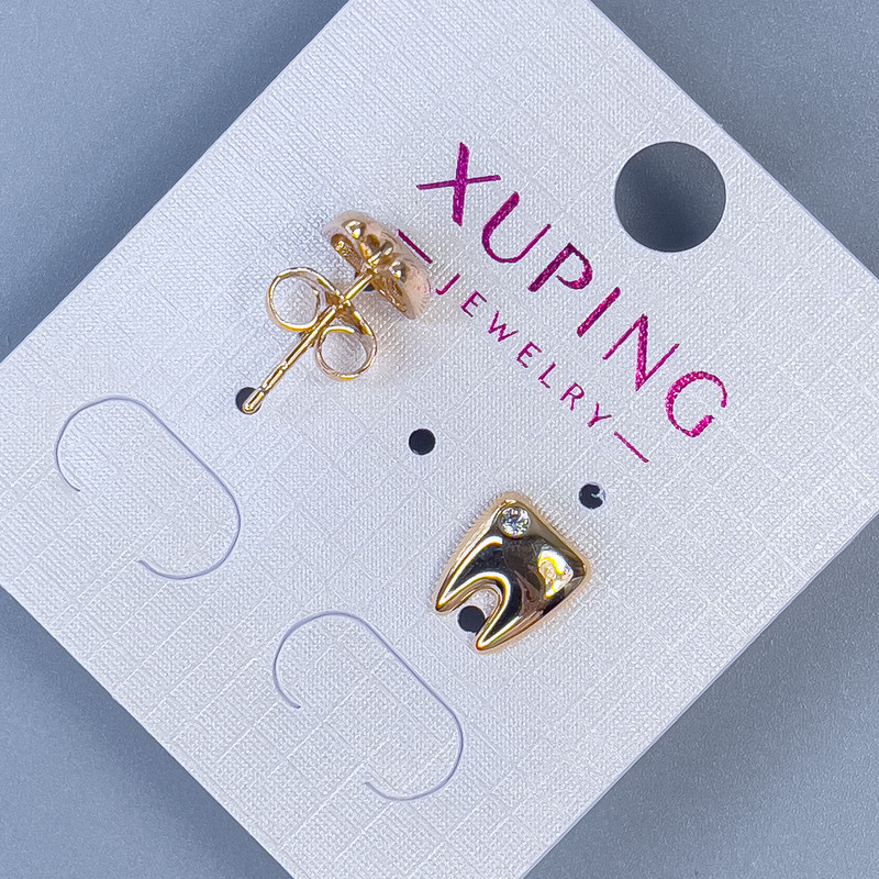 Сережки пусети кульчики Xuping Зуб з білим кристалом, діаметр 9х8мм+- позолота 18к
