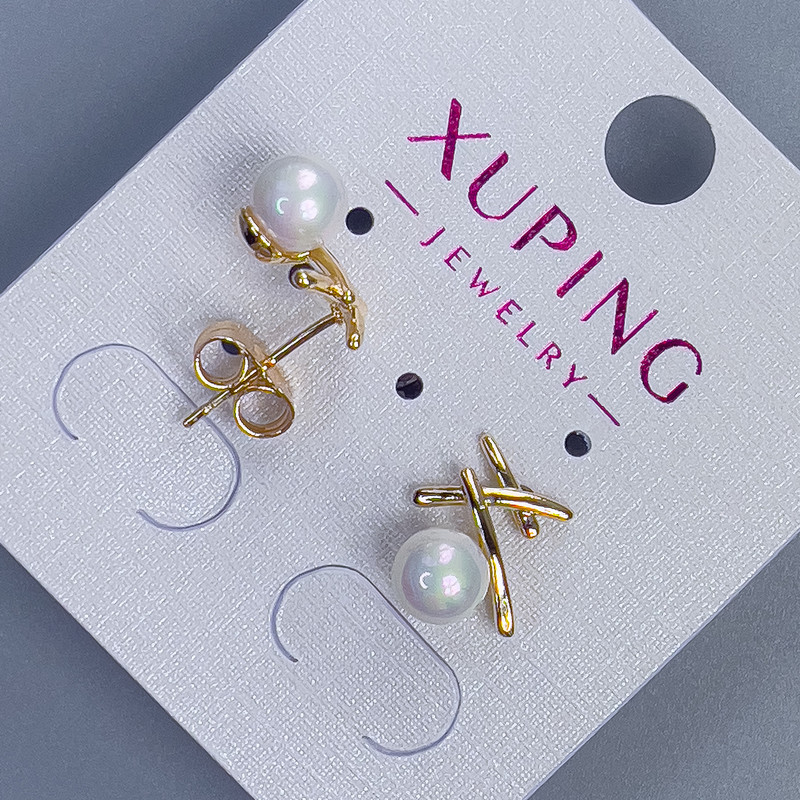 Сережки пусети кульчики Xuping з перлиною, діаметр 6мм+- 12х10мм+- позолота 18к