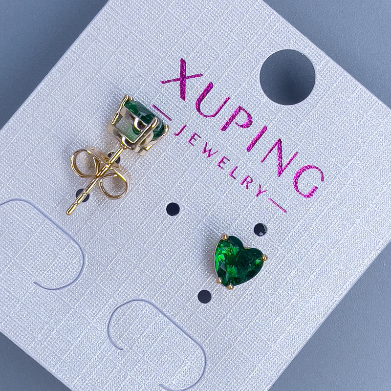 Сережки пусети кульчики Xuping Серце з зеленим каменем 5мм+- позолота 18к