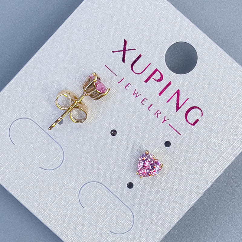 Сережки пусети кульчики Xuping Серце з рожевим каменем 5мм+- позолота 18к