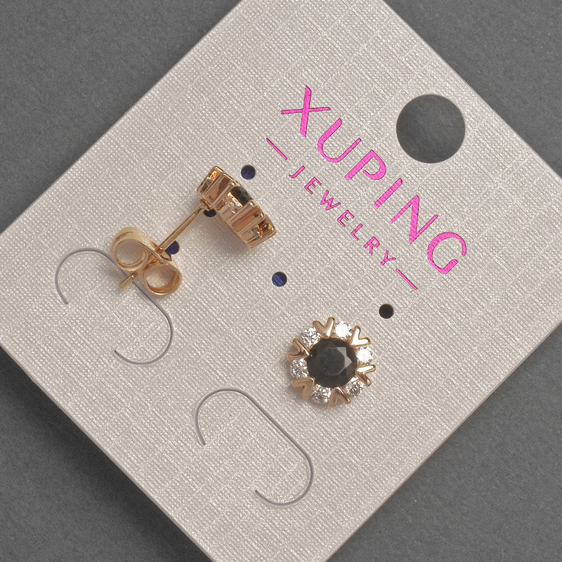 Сережки пусети кульчики Xuping з білими та чорними стразами, діаметр 8, 5мм+- позолота 18к
