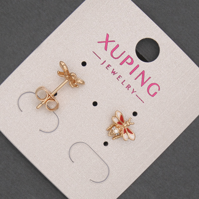 Сережки пусети кульчики Xuping емаль з білими стразами 7х8мм+- позолота 18к