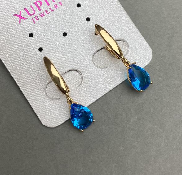 Сережки Xuping з блакитними каміннями 28х7мм позолота 18к