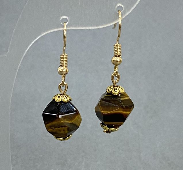 Сережки Тигрове Око багатогранник 12х11мм+-, довжина 35мм+