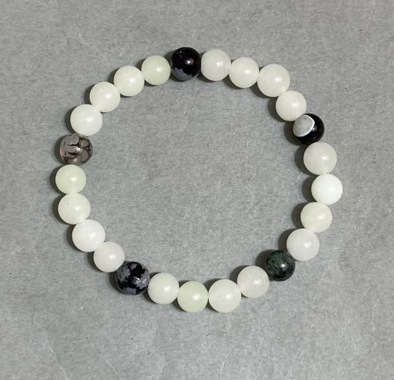 Браслет Онікс сніжний Обсидіан гладка кулька 8мм+-, довжина 18см +- стрейч