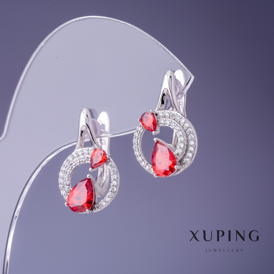 Сережки Xuping 13х21мм родій з червоним каменем