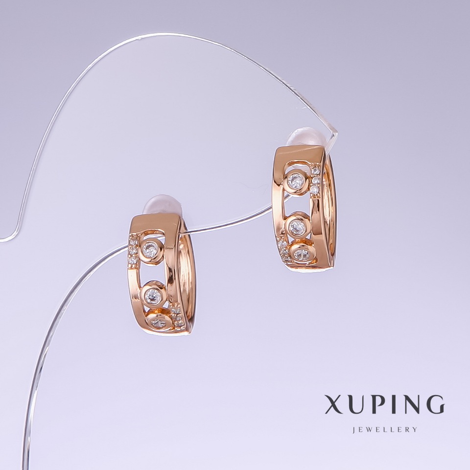 Сережки Xuping з білим цирконом, довжина 15мм, товщина 6мм позолота 18к
