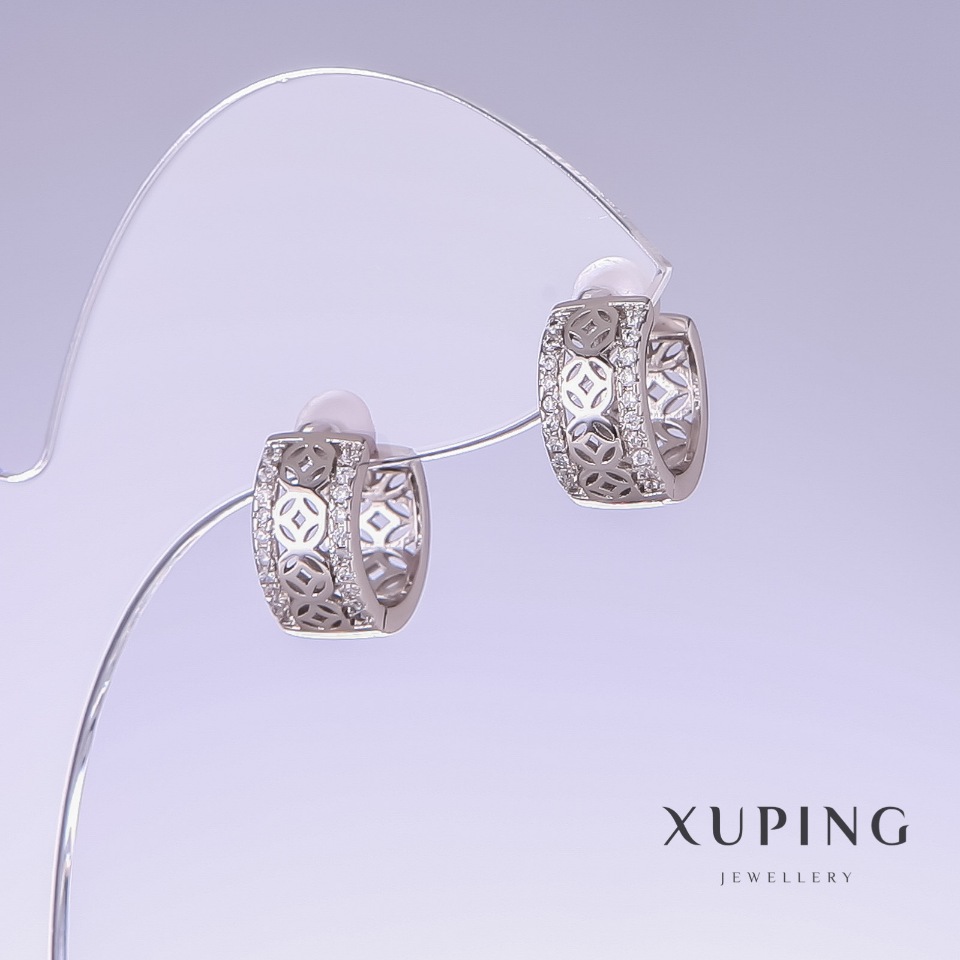Сережки Xuping, довжина 13мм, товщина 6мм родій з білими кристалами