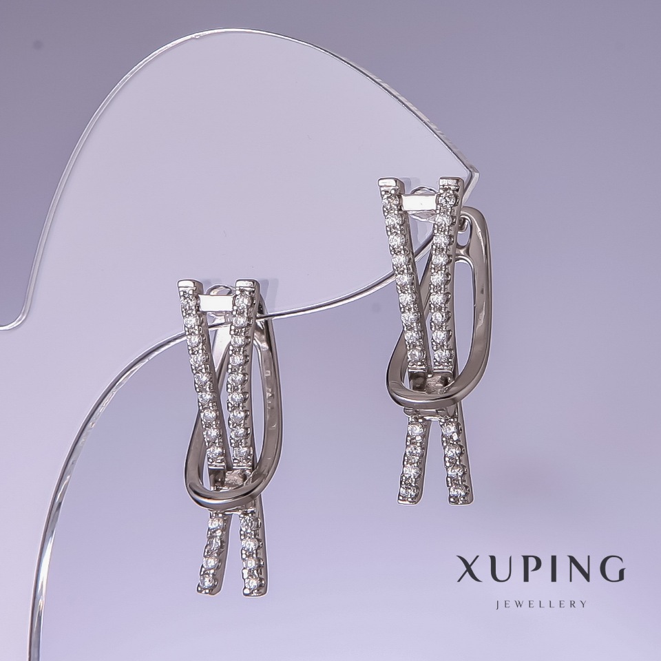 Сережки Xuping з білими стразами 25х7мм родій