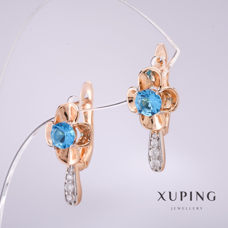 Сережки Xuping з блакитними каменями 20х10мм позолота 18к