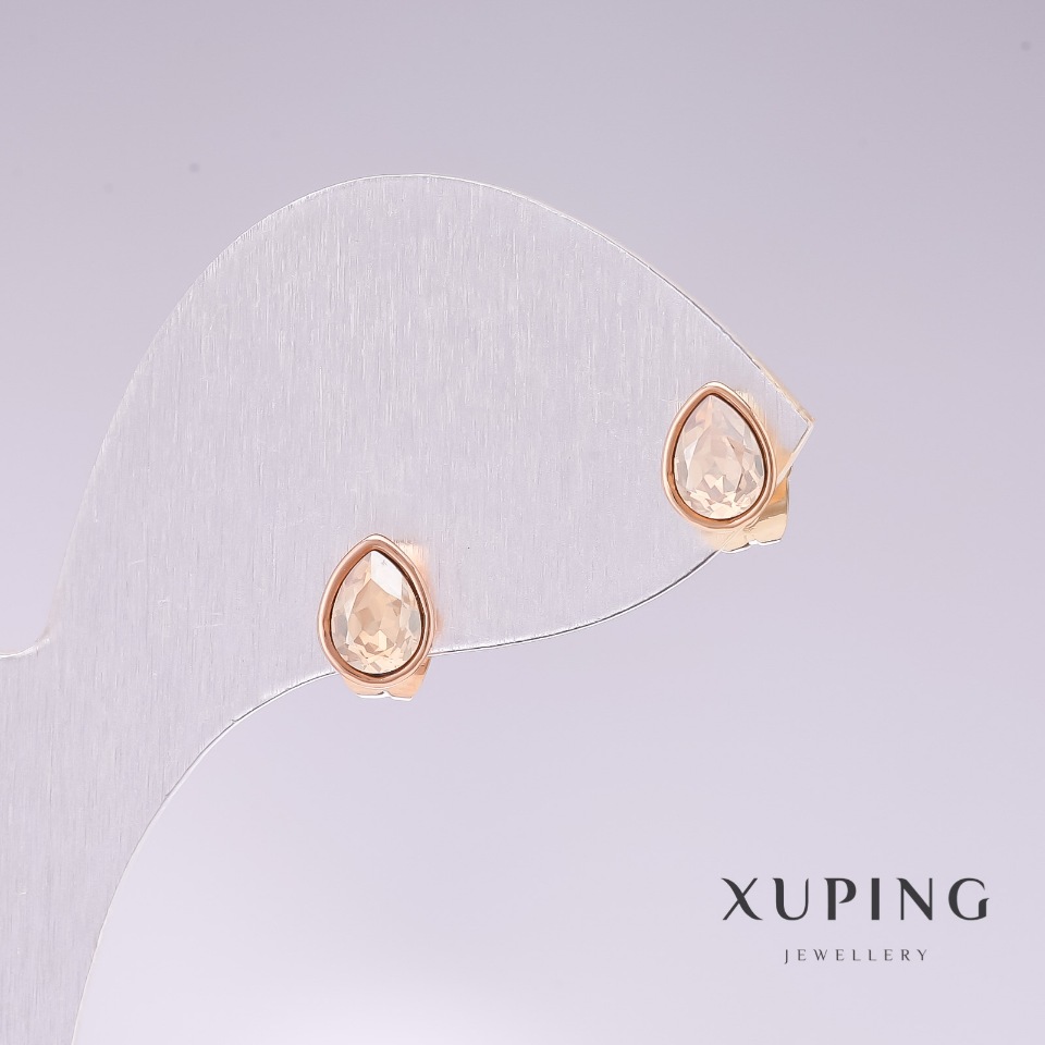 Сережки пусети кульчики Xuping краплі з білим каменем "бензин" позолота 18к 18х7мм