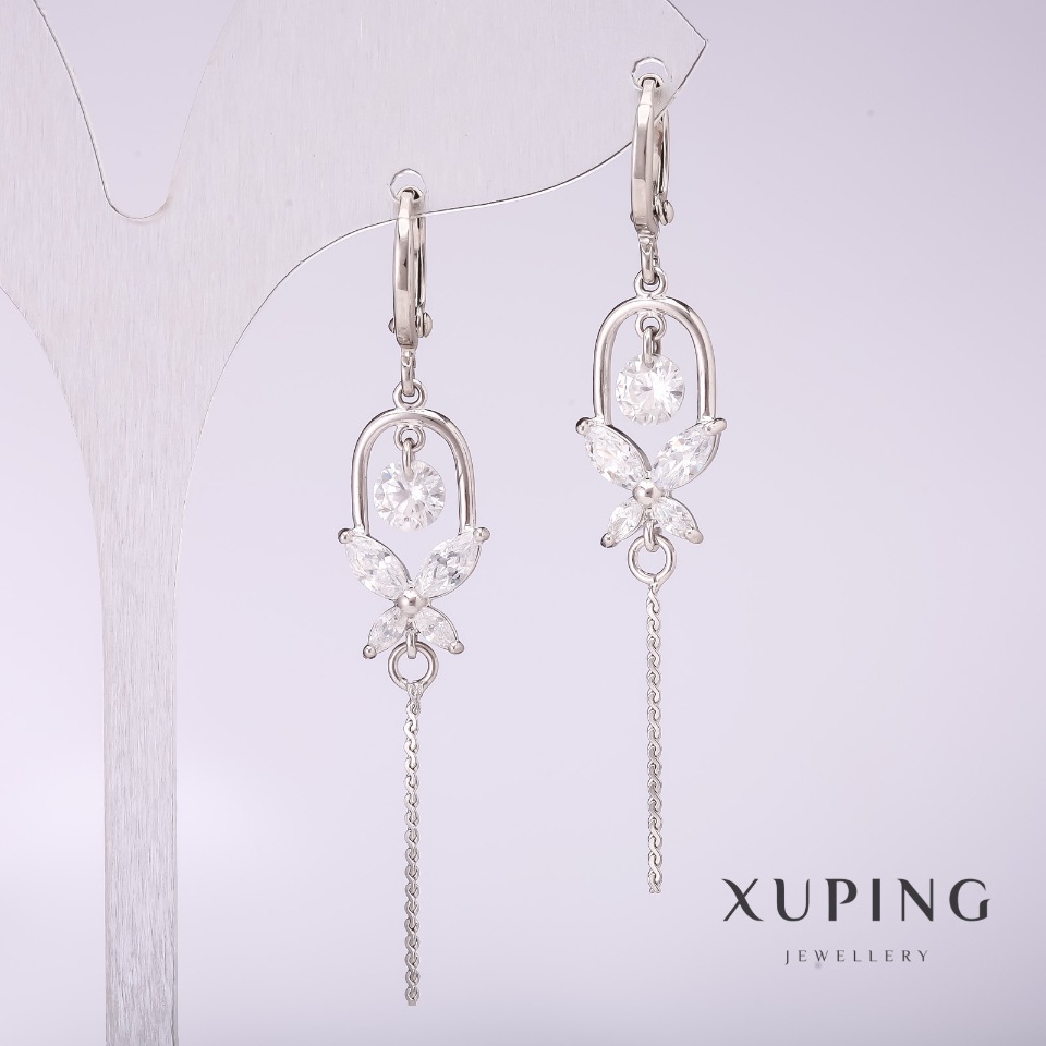 Сережки Xuping з білими каменями 55х10мм родій