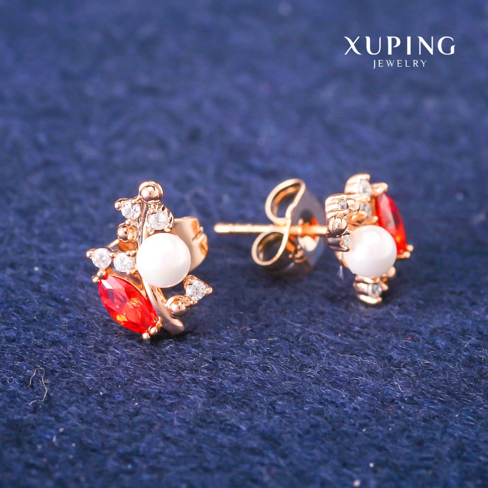 Сережки пусети кульчики Xuping з червоними кристалами та Майоркою, діаметр 8х13мм Позолота 18К