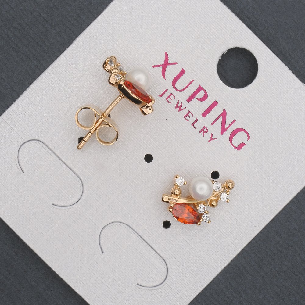 Сережки пусети кульчики Xuping з червоними кристалами та Майоркою, діаметр 8х13мм Позолота 18К