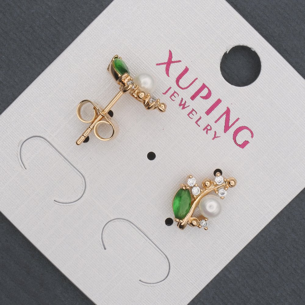 Сережки пусети кульчики Xuping із зеленими кристалами та Майоркою, діаметр 8х13мм Позолота 18К