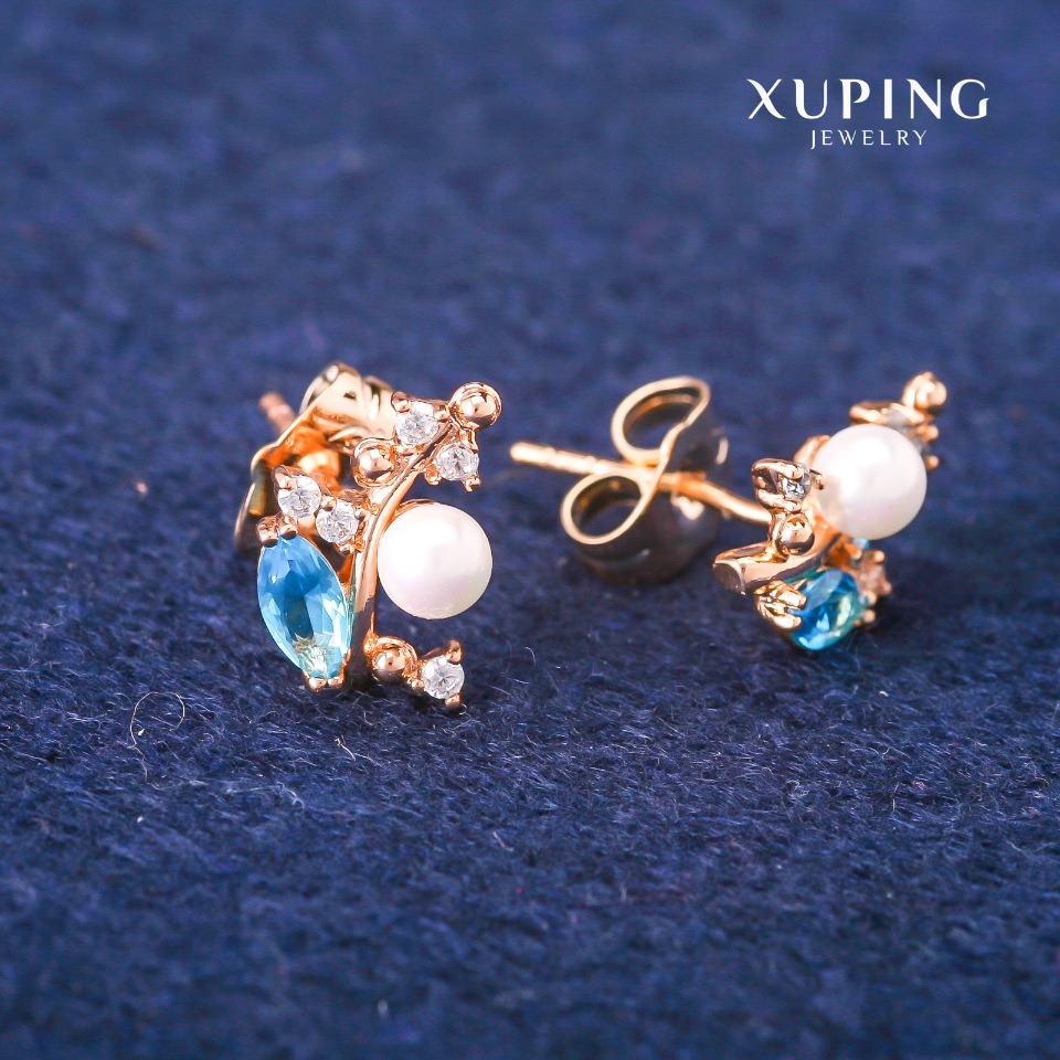 Сережки пусети кульчики Xuping з блакитними кристалами та Майоркою, діаметр 8х13мм Позолота 18К