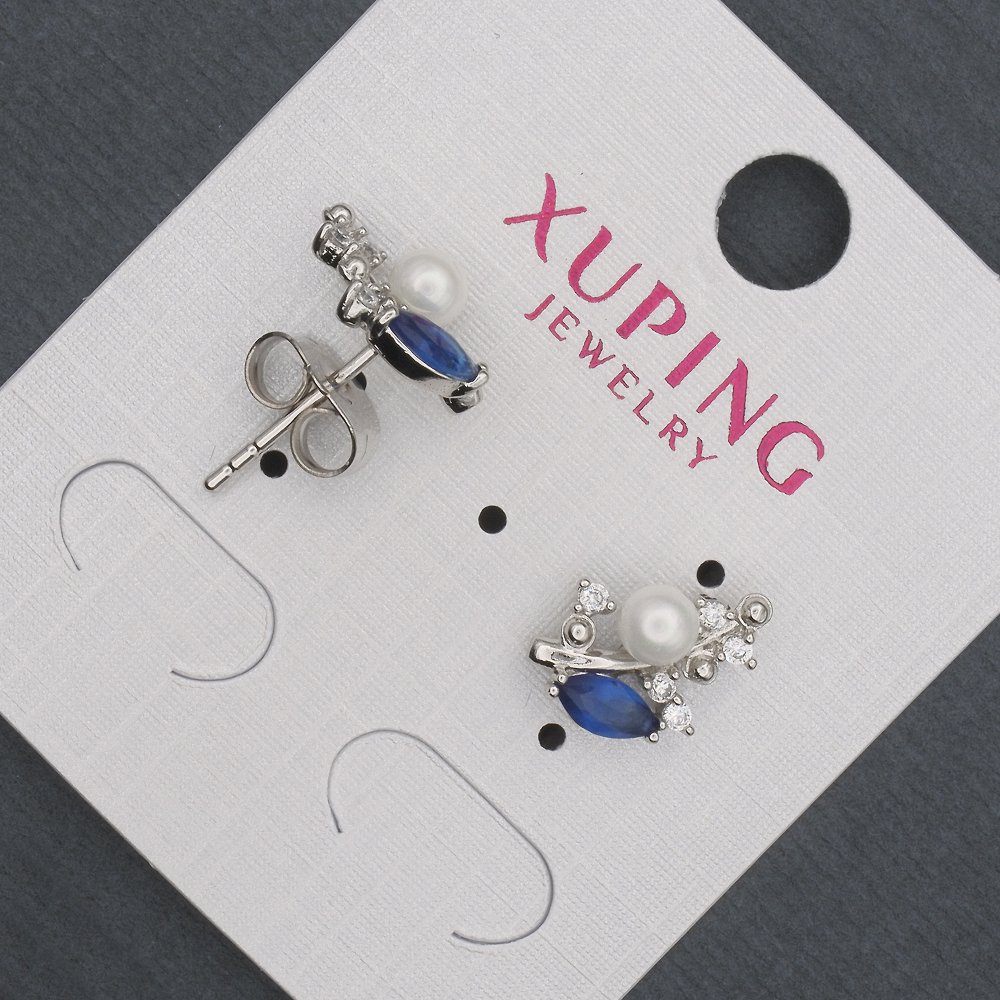 Сережки пусети кульчики Xuping з синіми кристалами та Майоркою, діаметр 8х13мм Родій