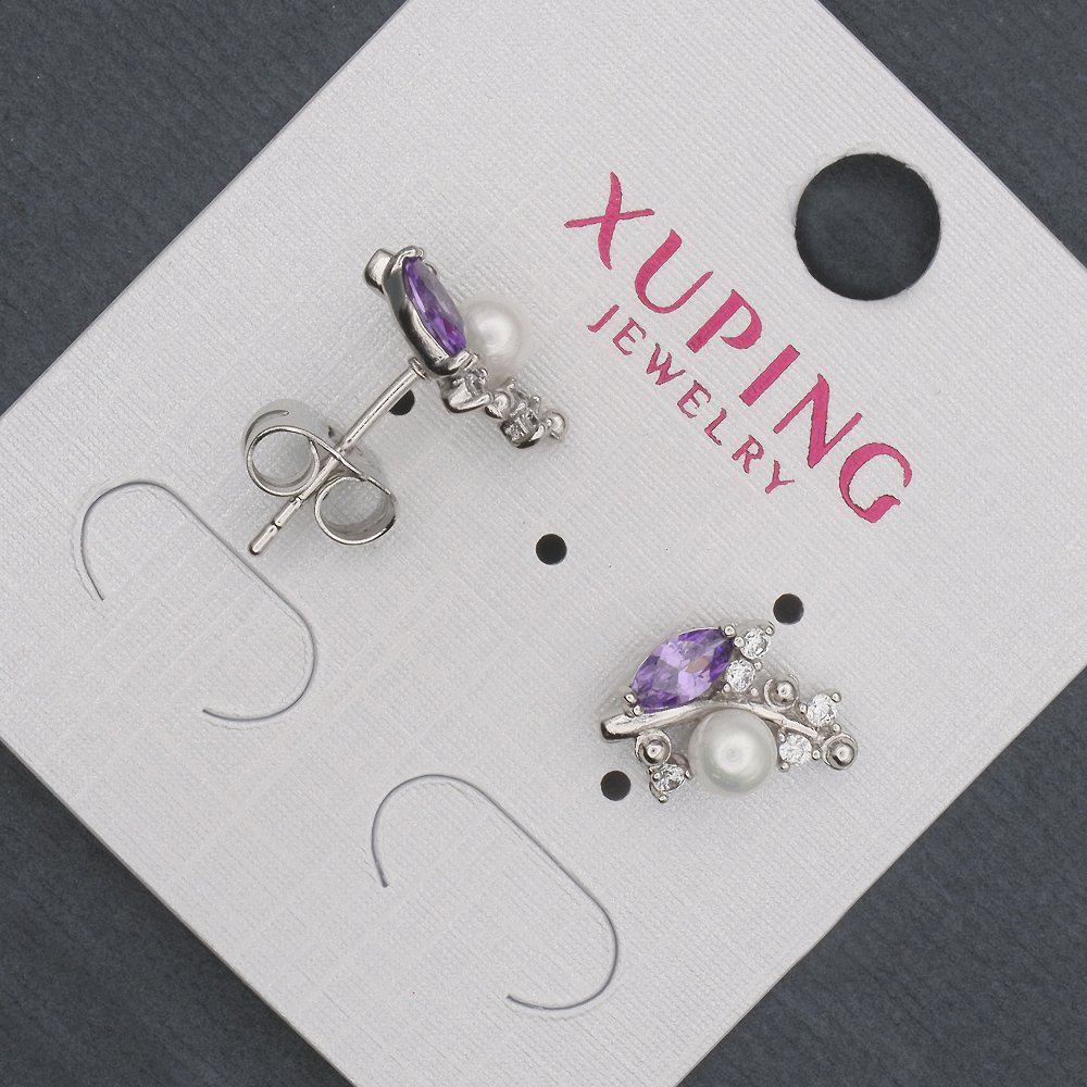 Сережки пусети кульчики Xuping з бузковими кристалами та Майоркою, діаметр 8х13мм Родій