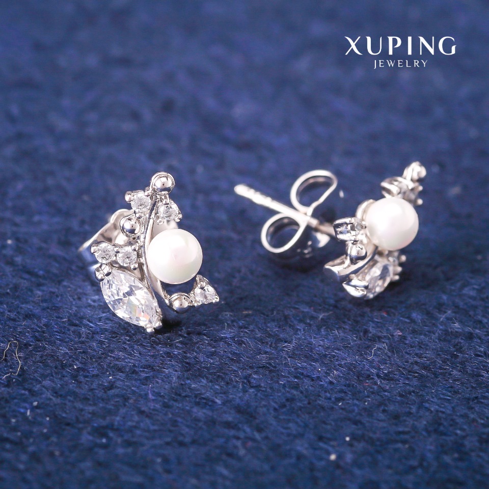 Сережки пусети кульчики Xuping з білими кристалами та Майоркою, діаметр 8х13мм Родій