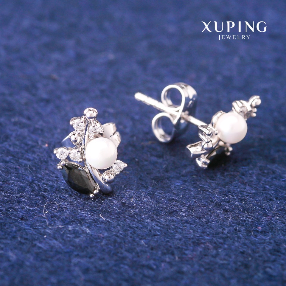 Сережки пусети кульчики Xuping з чорними кристалами та Майоркою, діаметр 8х13мм Родій