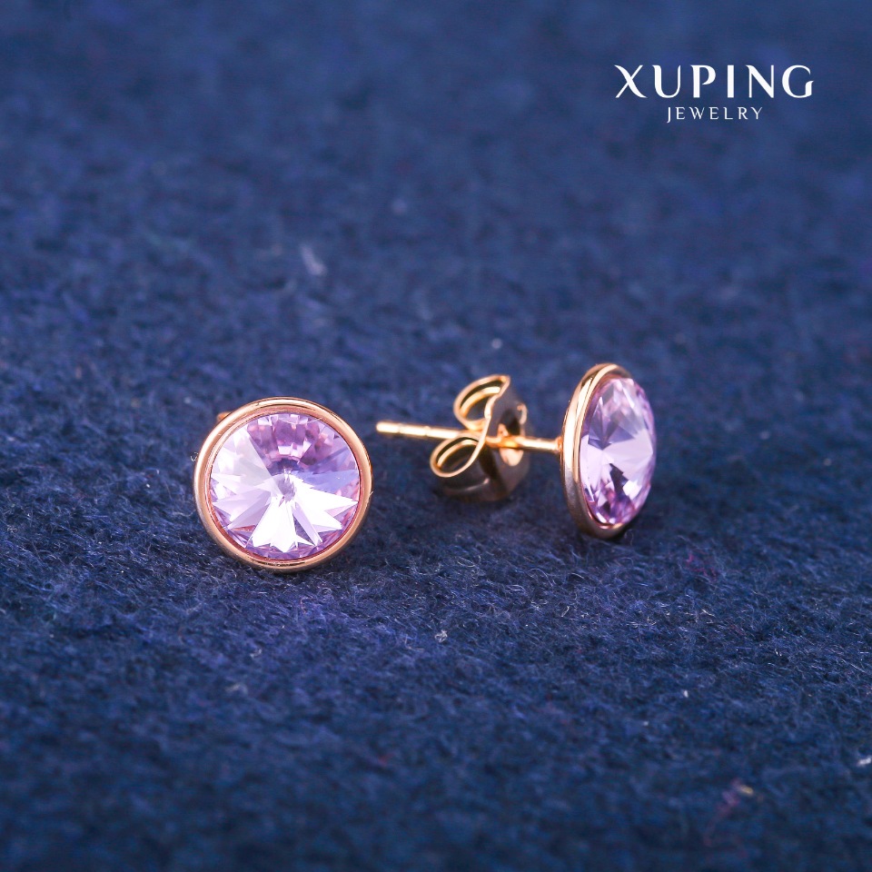 Сережки пусети кульчики Xuping з кристалами Swarovski колір бузковий, діаметр 10мм Позолота 18К