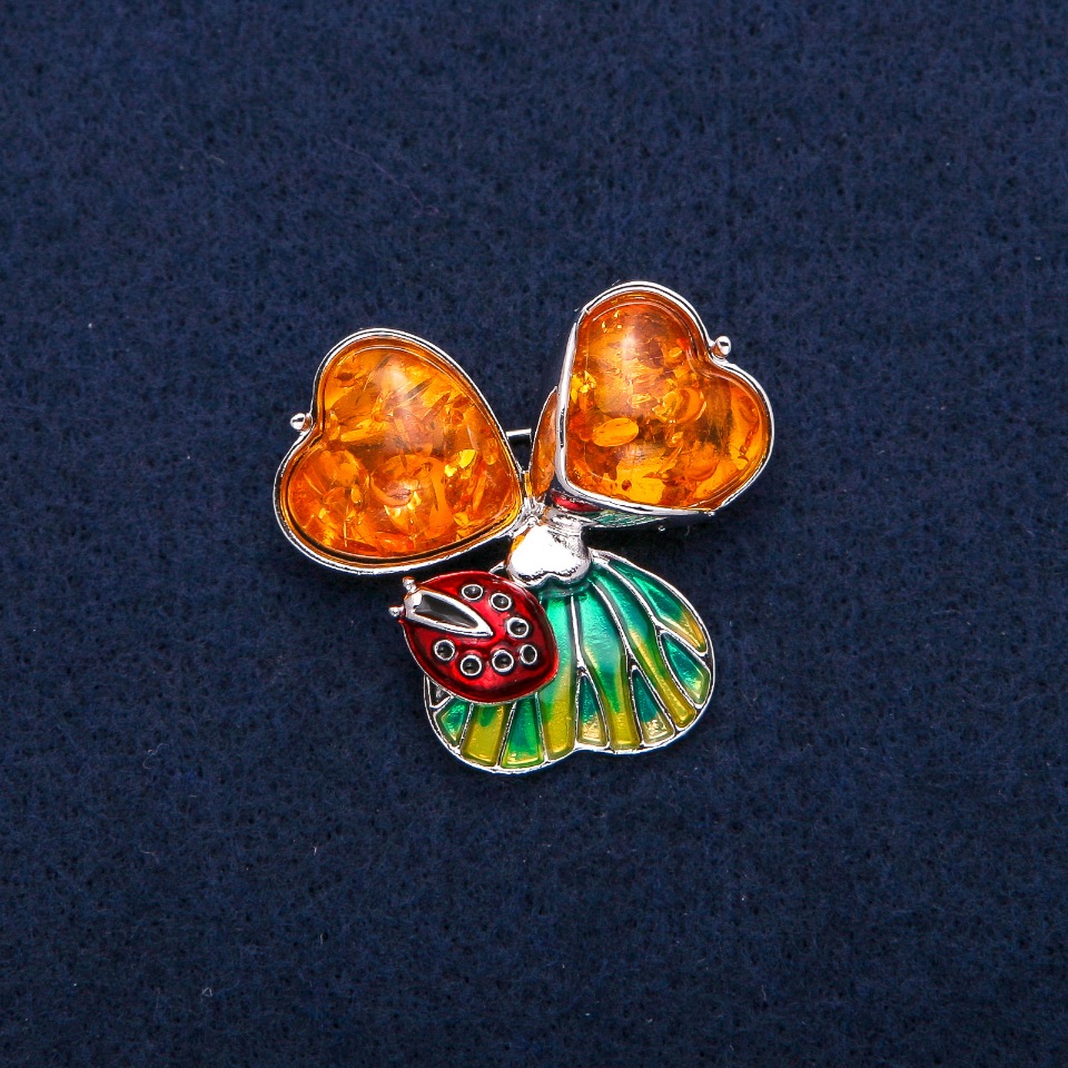 Брошка Кулон Божа Корівка з кабошонами Янтар (штучний), емаль, сріблястий метал 35х37мм