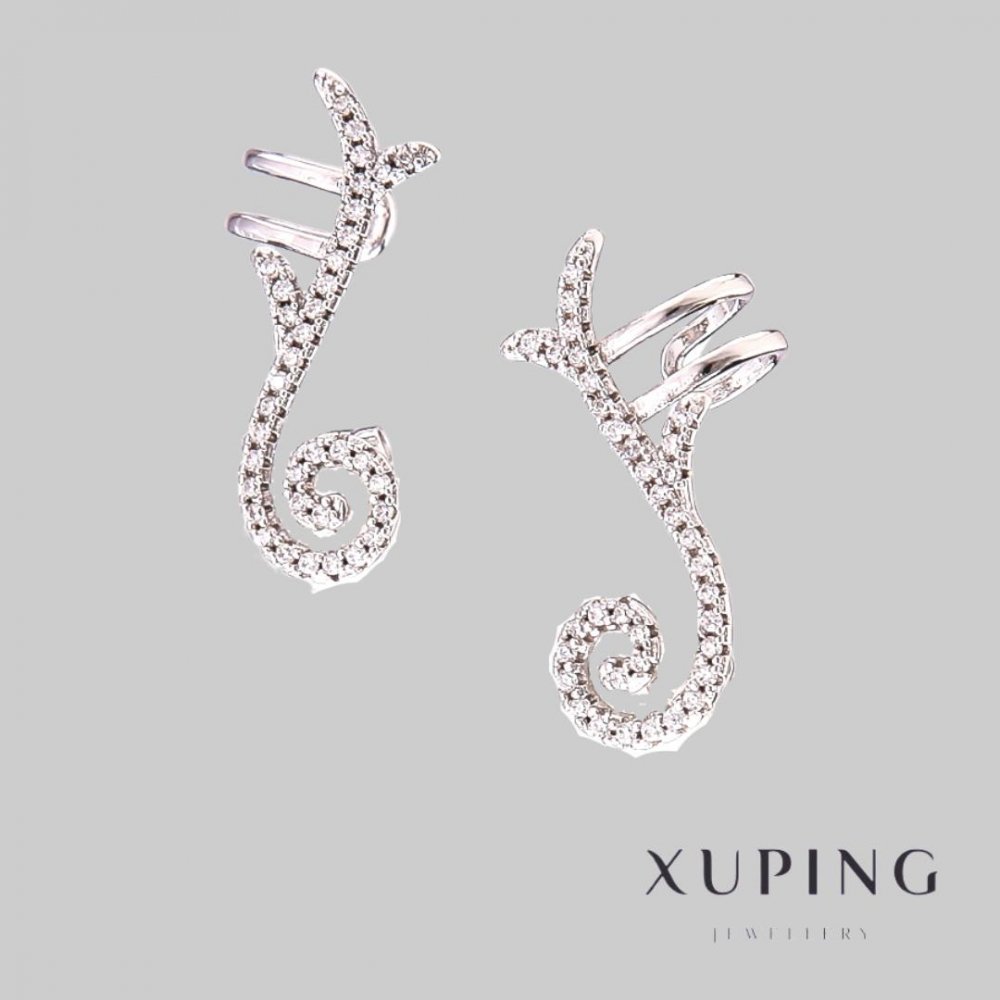 Сережки кафф Xuping Родій з білими стразами, довжина 24мм +