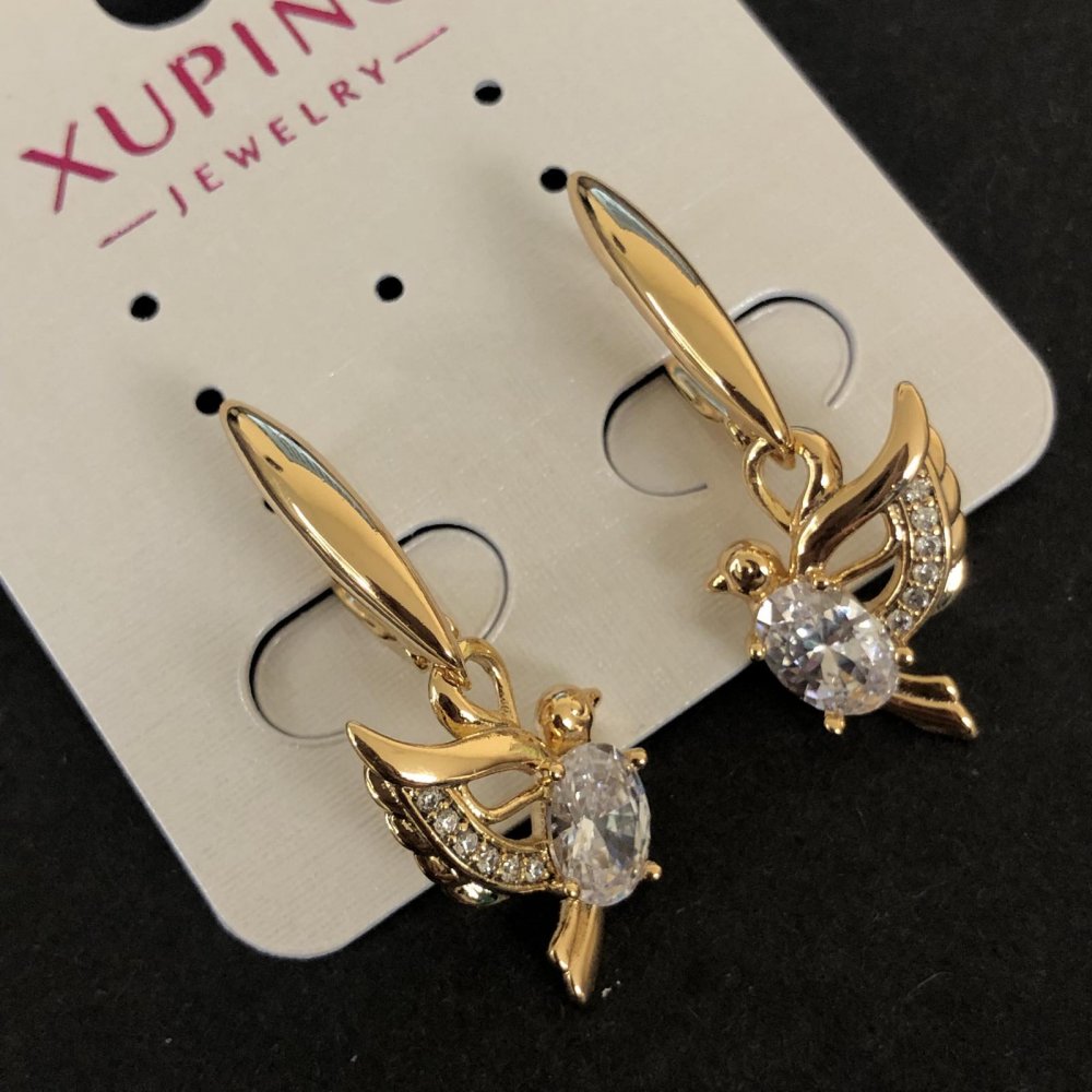 Сережки Птахи Xuping Позолота 18К з білими стразами і кристалами, діаметр 32х12мм +
