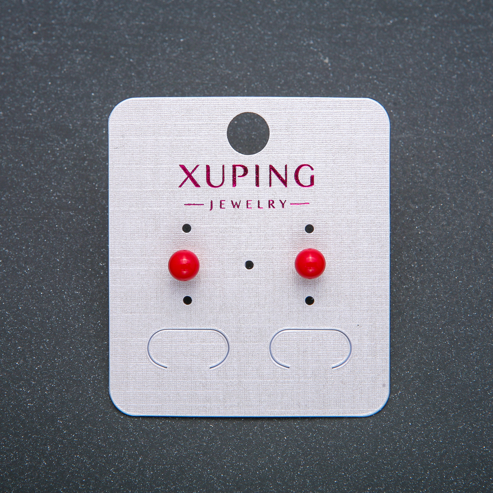 Сережки пусети кульчики Xuping Позолота 18К з червоною намистиною, діаметр 4мм +
