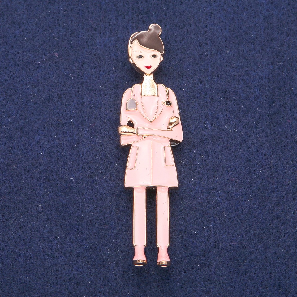 Брошка Медсестра рожева емаль, золотистий метал 17х66мм