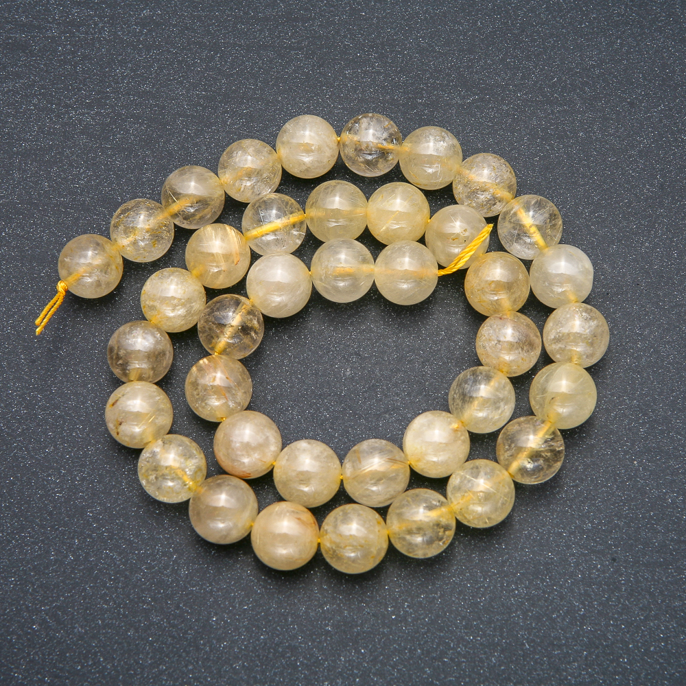 Намистини на нитці натуральний камінь Рутиловий Кварц волосатик гладка кулька, діаметр 10мм + -, довжина 39см +